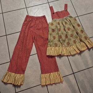LaJenns Boutique Sz 10 Girls Red/Yellow Floral Ruffled 100% cotton top and pants